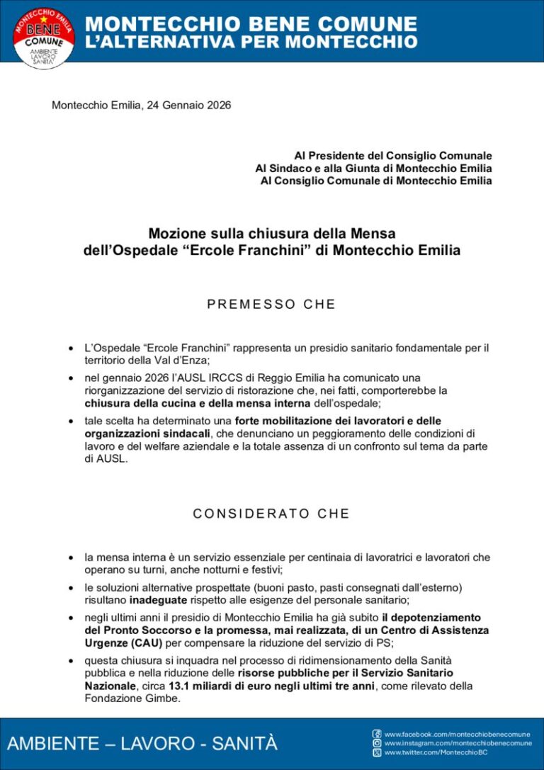 Sulla chiusura della Mensa dell’Ospedale “Ercole Franchini” di Montecchio Emilia