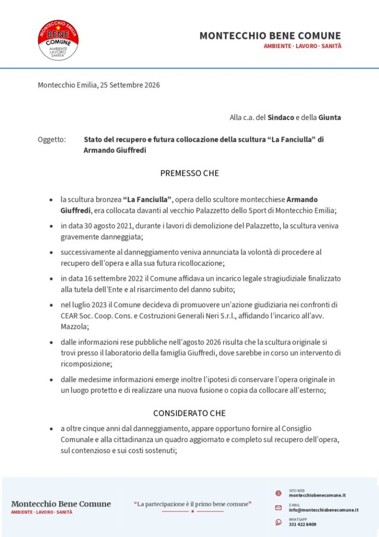 Anteprima di Interrogazione sullo stato del recupero e futura collocazione della scultura “La Fanciulla” di Armando Giuffredi